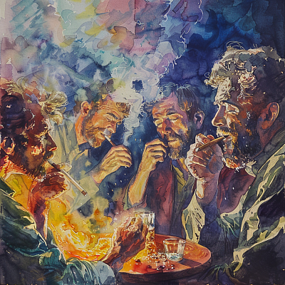 Des hommes fumant et buvant de l’alcool en soirée