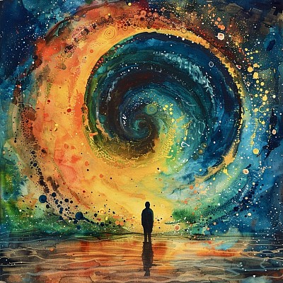 Une silhouette face a de la matière en mouvement dans une spirale, symbole d’évolution